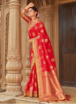 Weaving Banarasi Silk Contemporary Saree in Red