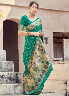 Weaving Banarasi Silk Traditional Designer Saree in Green