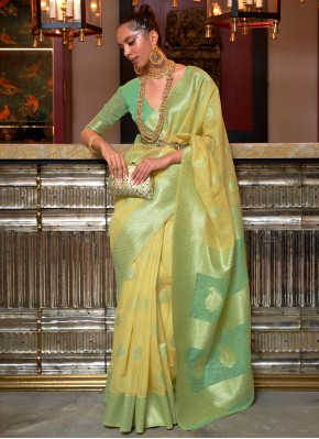 Weaving Linen Contemporary Saree in Yellow