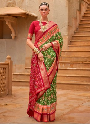 Weaving Patola Silk  Contemporary Saree in Green and Red