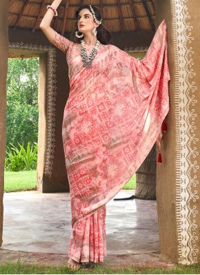 Weight Less Floral Print Saree in Peach