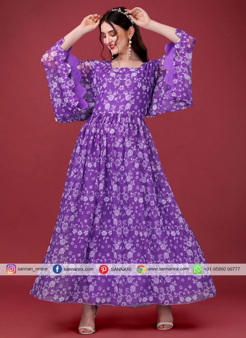Whimsical Faux Georgette Digital Print Purple Trendy Gown