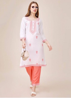 White Embroidered Cotton Party Wear Kurti