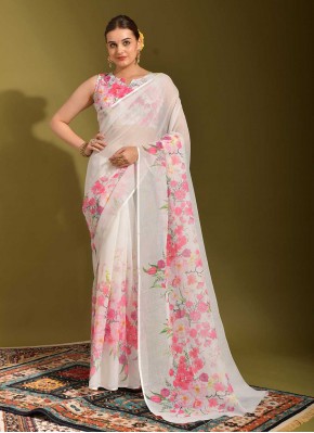 White Printed Linen Saree