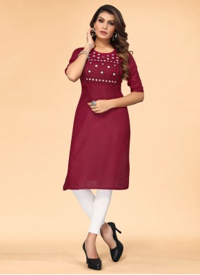 Winsome Embroidered Cotton Maroon Casual Kurti