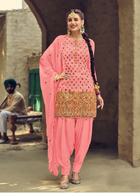 Winsome Faux Georgette Embroidered Pink Patiala Suit