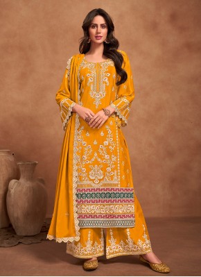 Yellow Embroidered Chinon Trendy Salwar Suit