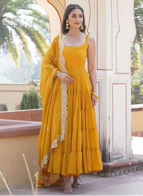Yellow Festival Faux Georgette Trendy Gown