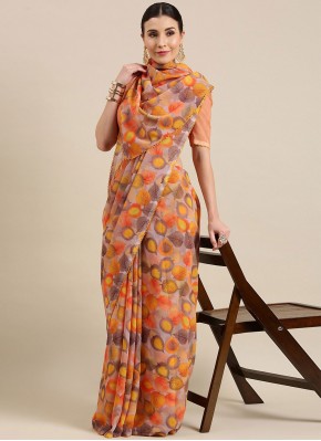 Yellow Printed Faux Georgette Ruffle Saree