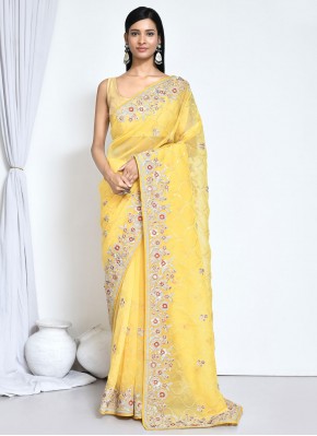 Yellow Satin Silk Stone Work Classic Saree