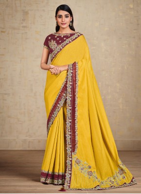 Yellow Tussar Silk Embroidered Classic Saree