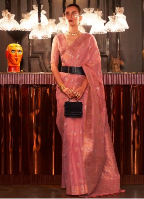 Zari Linen Trendy Saree in Pink